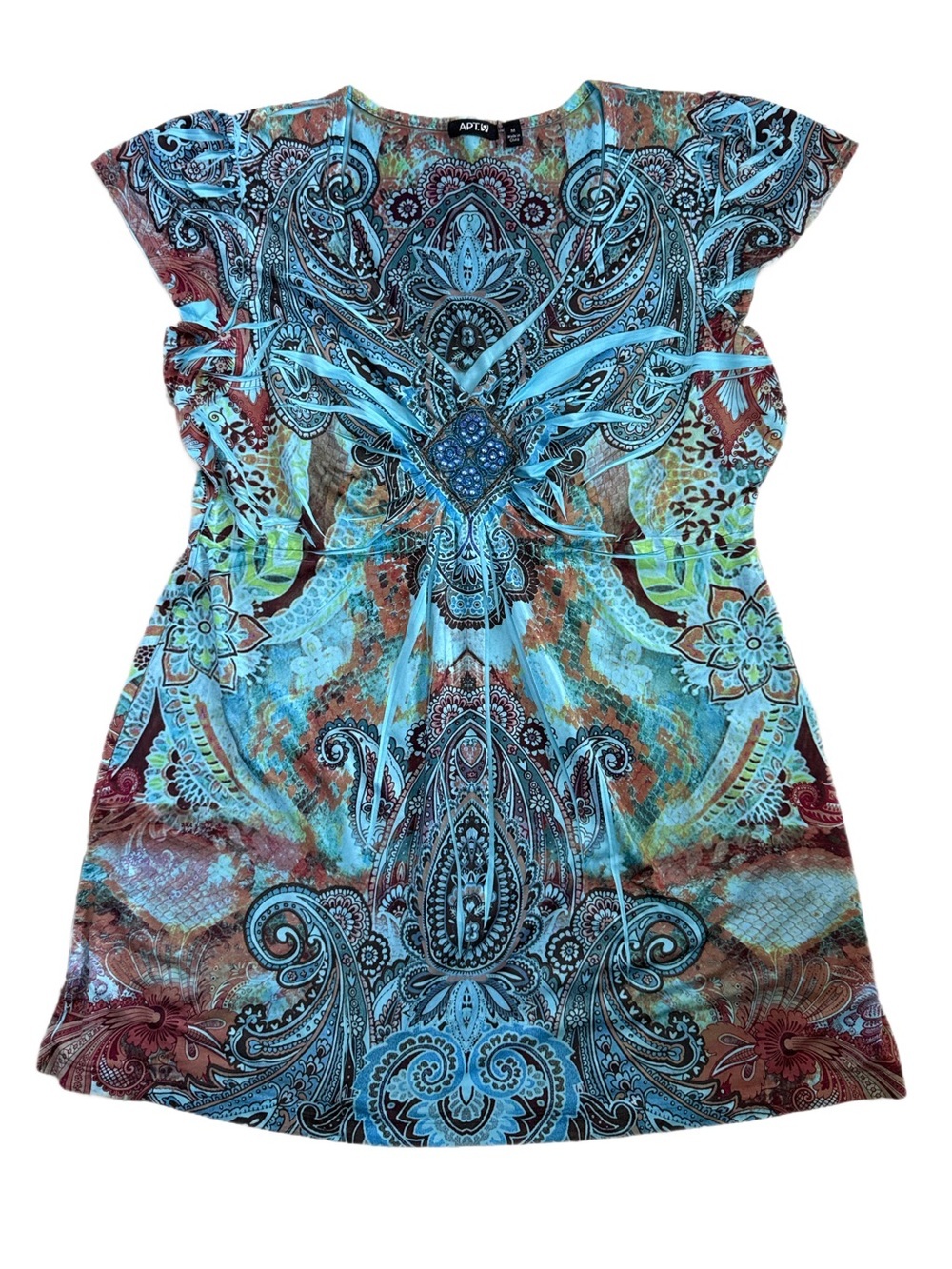Vintage Embellished Paisley Tunic Top Blue Brown Size Medium